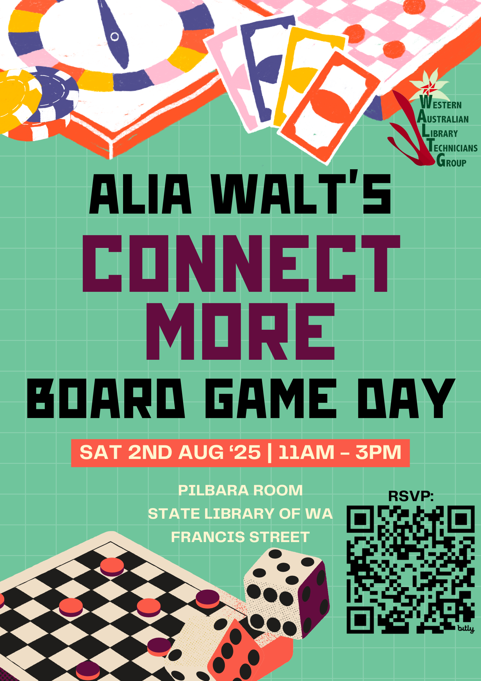 A colourful advertisement for the upcoming ALIA WALT Board Game Day. For more information, check the page this image is on.